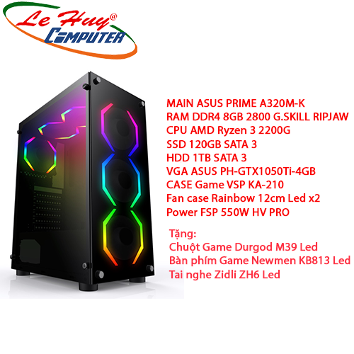 PC gaming ASUS Prime A320M-K: Ryzen 3 2200G,Asus PH-GTX1050Ti-4GB,Ram 8Gb,SSD 120G+HDD 1TB,Power 550W