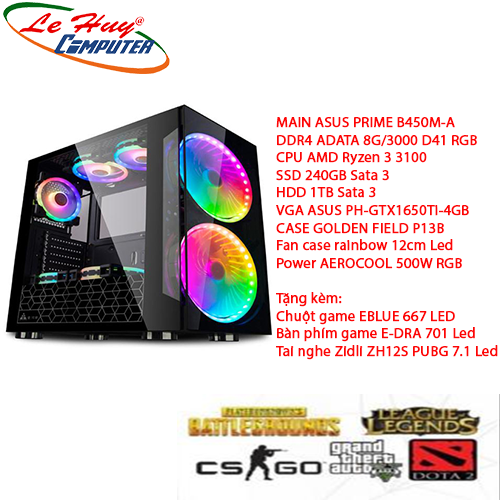 PC gaming ASUS Prime B450M-A: Ryzen 3 3100,Asus PH-GTX1650Ti-4GB,Ram 8Gb,SSD 240G+HDD 1TB,Power 500W