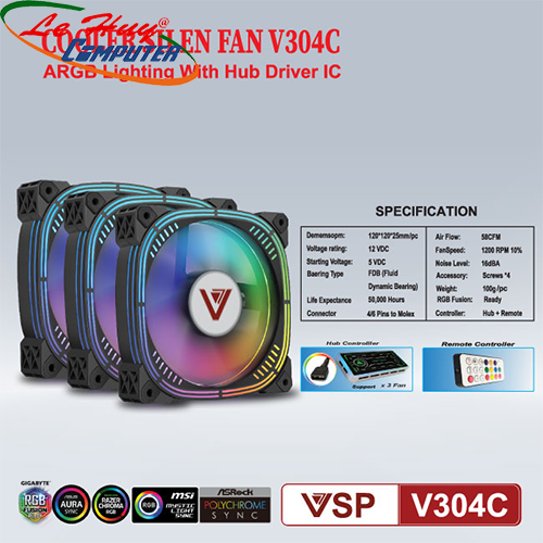 Bộ Kit 3 Fan VSPTECH Fan case + Hub VSP LED RGB V304C x3