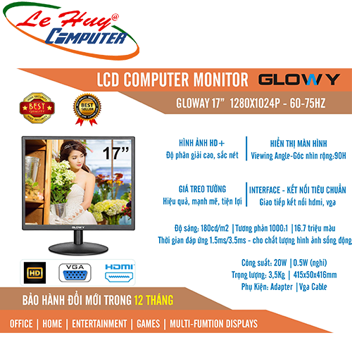 Màn hình máy tính GLOWY 17 GL17 17Inch Vuông VGA-HDMI - Tặng Webcam X480P