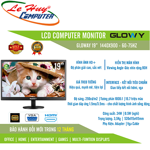 Màn hình máy tính GLOWY 19 GL19 19Inch (1440x900) VGA-HDMI - Tặng Webcam X480P
