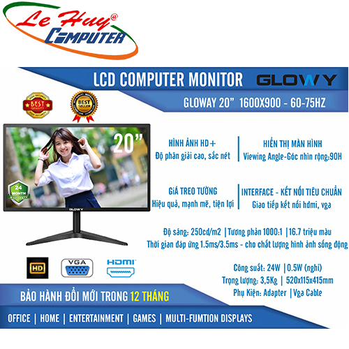 Màn hình máy tính GLOWY GL20 20Inch (1600x900) VGA-HDMI