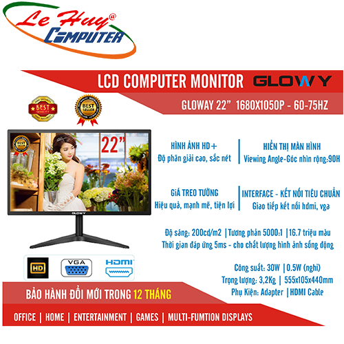 Màn hình máy tính GLOWY 22 GL22 22Inch (1680x1050) VGA-HDMI + Mouse ko/dây Glowy Q2