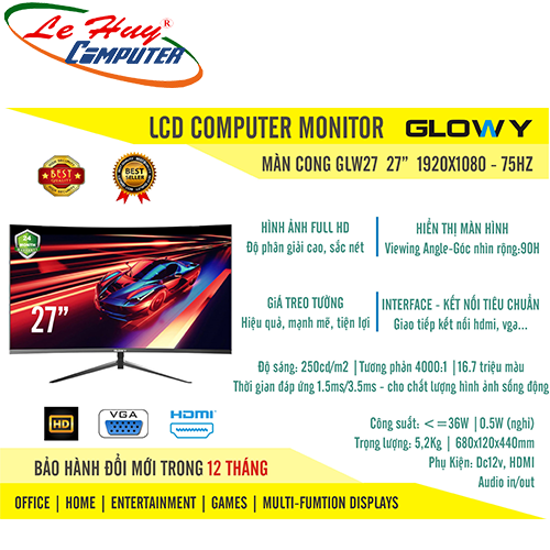 Màn hình máy tính Cong GLOWY GLW27 27inch FullHD 75Hz VGA-HDMI Tặng usb thu LB-link WN155A
