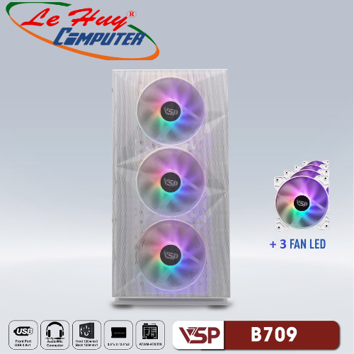 Vỏ máy tính VSP B709 Trắng Kèm 3 Fan Led RGB