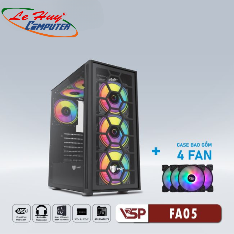 Vỏ máy tính VSP FA05 Đen (kèm 4 fan LED)