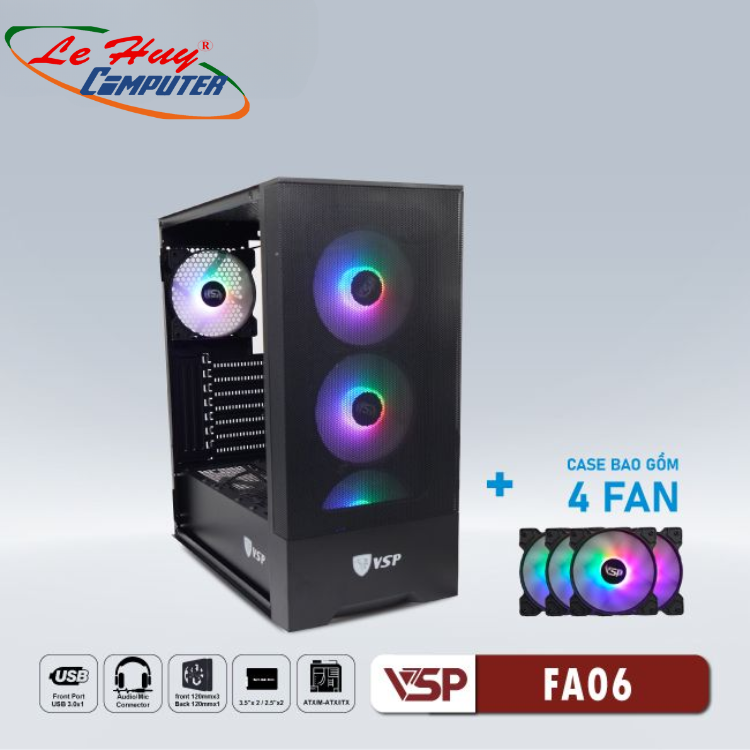 Vỏ máy tính VSP FA06 Đen (kèm 4 fan LED)